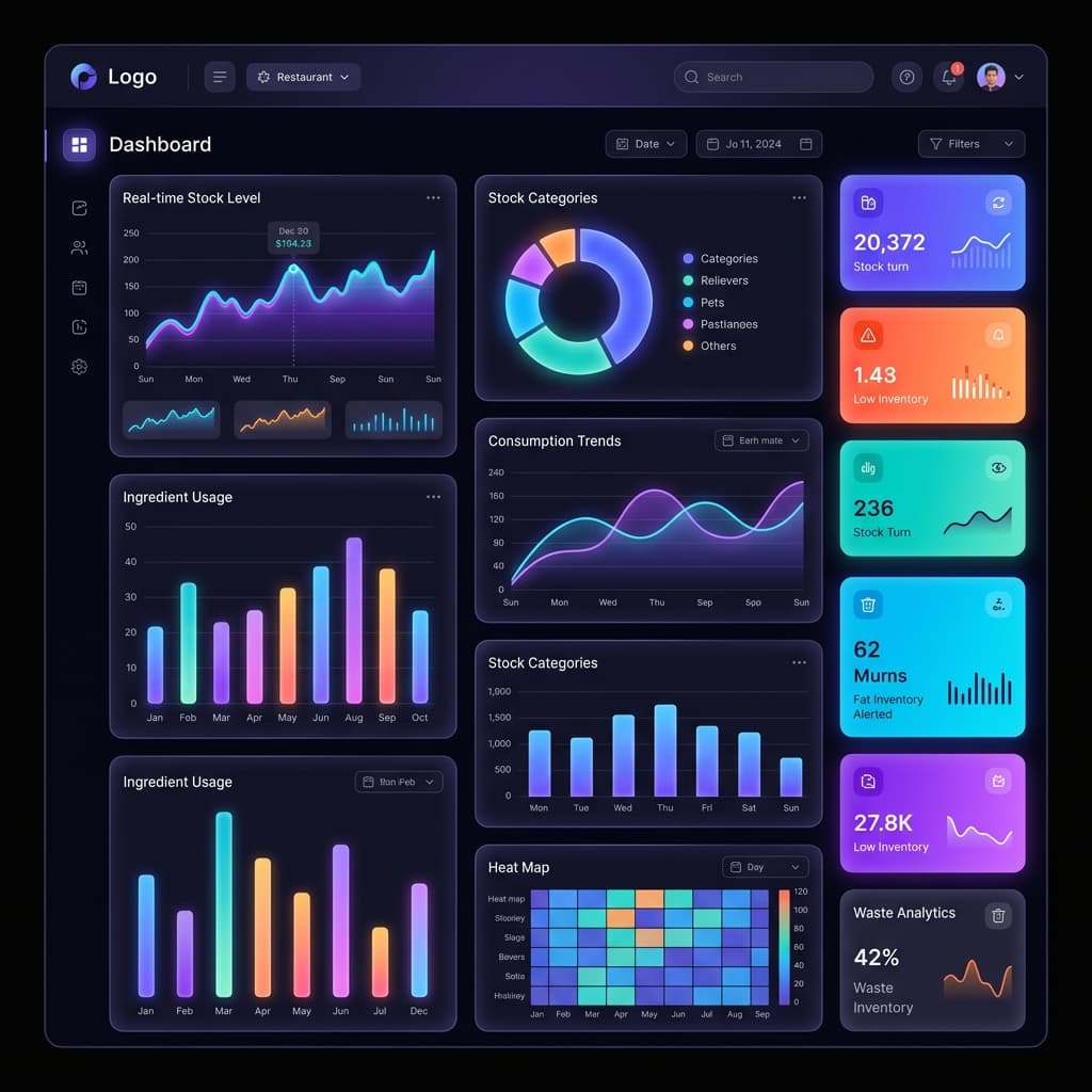 Restaurant inventory management analytics dashboard showing real-time stock levels and data visualization