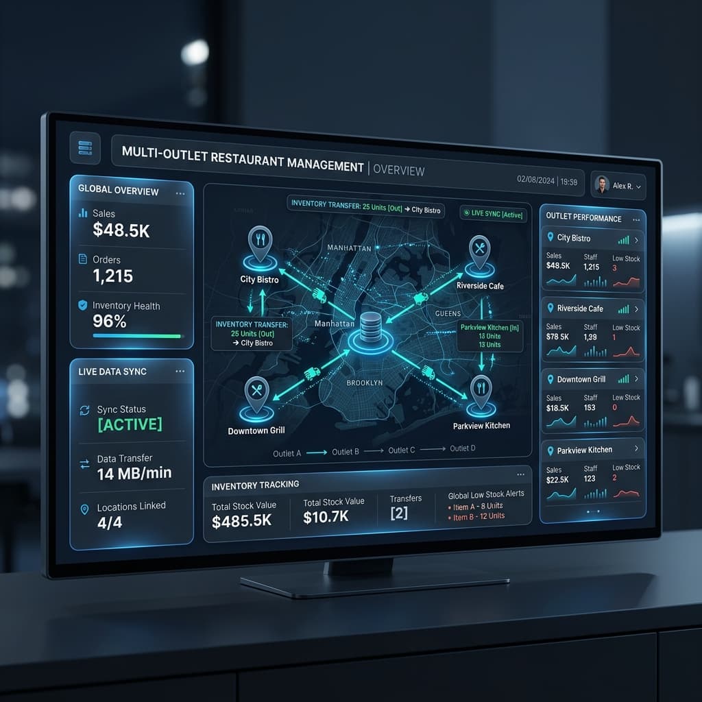 Multi-outlet restaurant inventory management with centralized dashboard